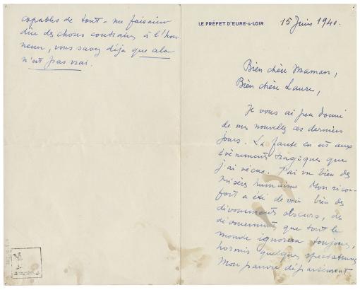 Lettre à sa mère et à sa sœur, 15 juin 1940