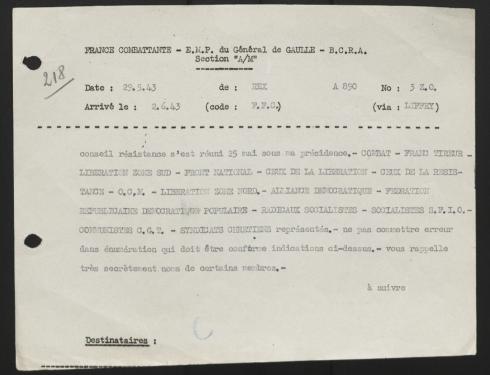 Câble de Rex annonçant la réunion du CNR, 29 mai 1943