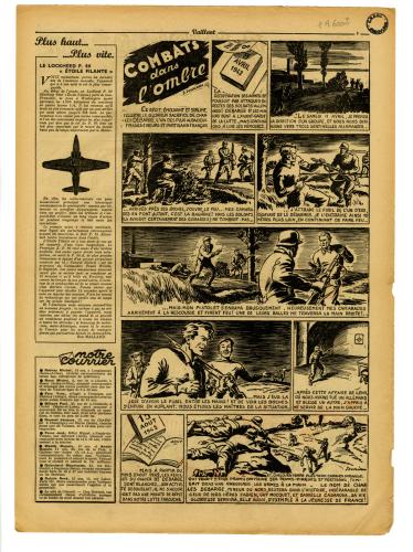 « Combat dans l’ombre » Vaillant, le journal le plus captivant, n° 68, 29 août 1948.  Dessin par Jacques Souriau 
