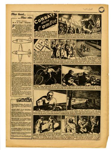 « Combat dans l’ombre » Vaillant, le journal le plus captivant, n° 67, 22 août 1946.  Dessin par Jacques Souriau 