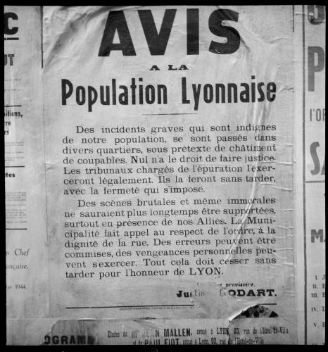 Affiche placardée à Lyon en septembre 1944 : avis du Maire provisoire Justin Godard
